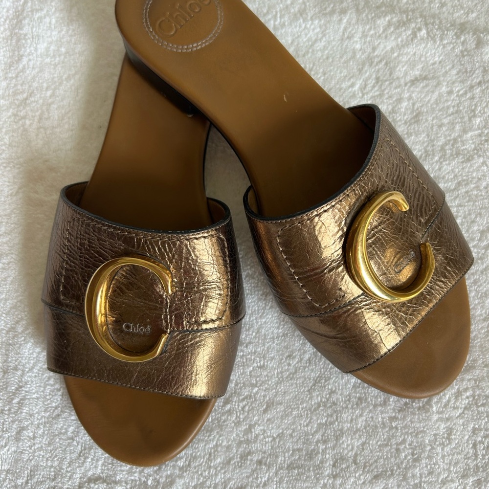 Chloe Metallic Bronze Slide Mules with Gold 'C' Accent